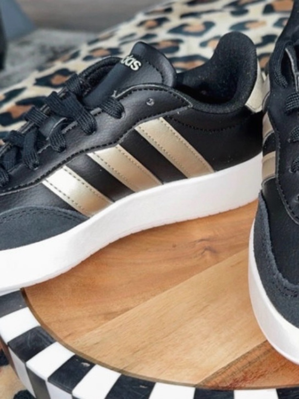 adidas Black Sneakers with Gold Stripes and White bottom